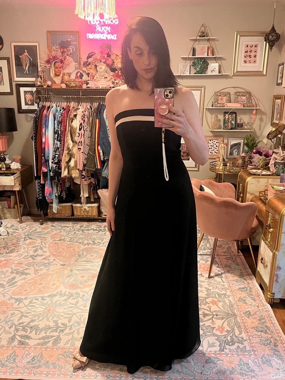 Strapless Black Evening Gown with Contrast Band